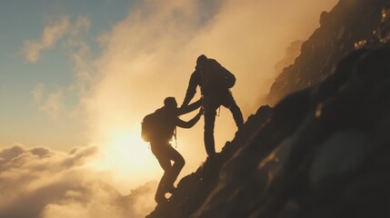 Two people helping and supporting each other to reach the top of the mountain, the concept of cooperation between colleagues and friends to achieve the same goal.