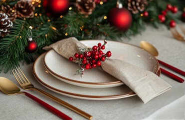 Elegant holiday dining setup featuring red and green decor with festive tableware - Powered by Adobe