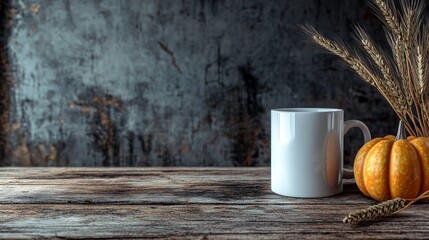 Rustic autumn still life with white mug, small pumpkin, and wheat stalks on weathered wooden table against distressed blue background, evoking cozy fall vibes.