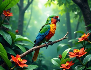 Obraz premium A colorful bird perched on a branch in a tropical rainforest, surrounded by lush foliage and vibrant flowers.