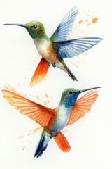 Fototapeta premium Hummingbird watercolor colorful birds illustration isolated white background. Summer clipart hand drawing tropical bird 