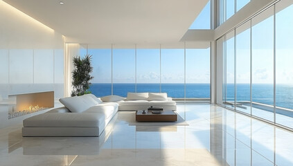 Fototapeta premium Luxury beach house living room, modern architecture, ocean front property landscape. Sleek contemporary designer furniture, minimalist deco interior, large window, panoramic coastal view background.