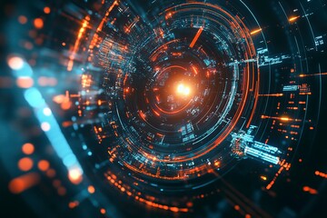 Fototapeta premium Sci fi futuristic abstract background with system techno screen elements and light effects. Exploring space .generative ai