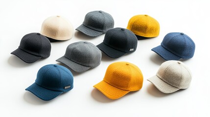 Black, Grey-Blue, Beige, White, Yellow, and Orange Hipster Hats Isolated on White, Fashion Brand Product Photo Mockup of Flat Wool Caps in Turkish Textile.







