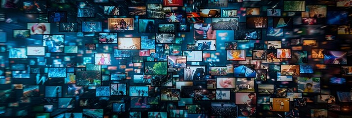 Digital mosaic of countless video screens illuminating a dark space, showcasing diverse content in a mesmerizing display of modern media consumption.
