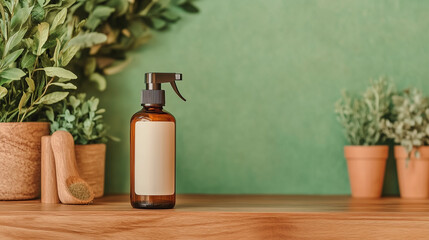 a small glass bottle with a spray bottle of olive oil and tea tree oil on a monotonous background