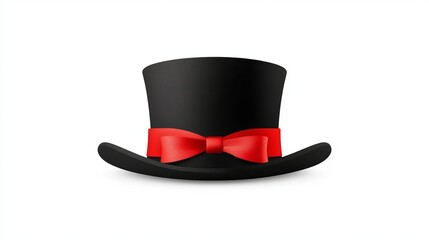 Realistic 3D Vector Retro Vintage Black Top Hat with Red Ribbon, Elegant Gentleman’s Formal Hat Design Template Icon, Classic Front View Mockup Isolated on White Background.






