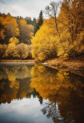 Obraz premium Vibrant yellow leaves create a stunning autumn display around a calm lake, with reflections mirroring the foliage on the water's surface as the day comes to a close. Generative AI