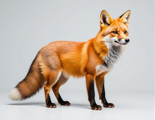 Obraz premium A striking fox standing on a gray background, showcasing its bushy tail and bright orange fur.