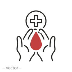 blood donation icon, hands with blood drop, hemophilia concept, thin line web symbol - vector illustration