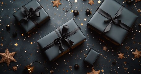 Elegant black gift boxes adorned with ribbons on a festive starry background for special occasions