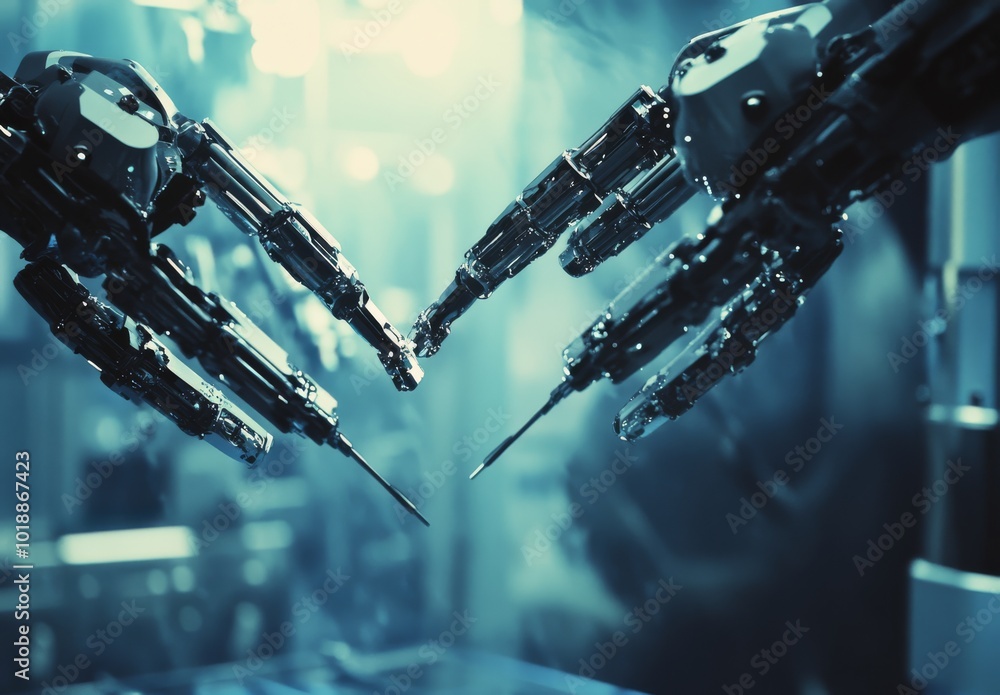 Poster robotic hands interact in a futuristic laboratory setting during a technology demonstration