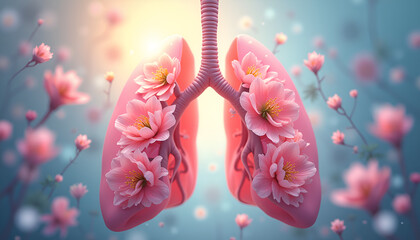 Fototapeta premium Surreal pink lungs with blooming flowers representing breath and life against dreamy background