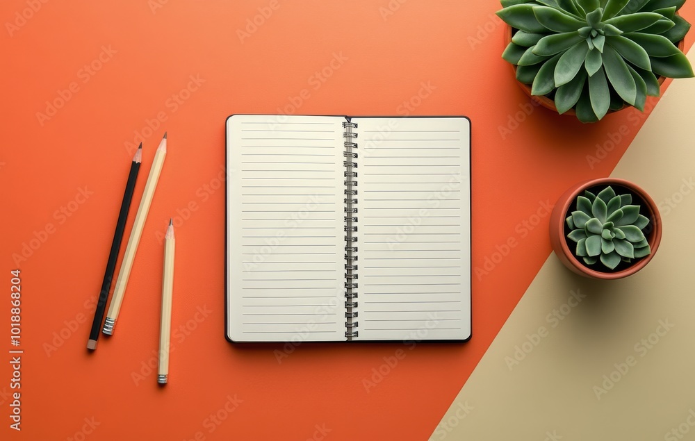 Poster an empty notebook with pencils and a potted succulent on a colorful workspace