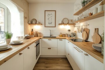 Modern kitchen with wooden countertops and minimalist decor in a cozy setting