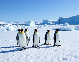 Obraz premium A group of penguins waddling on the icy shores of Antarctica, surrounded by snow and icebergs under a clear blue sky.