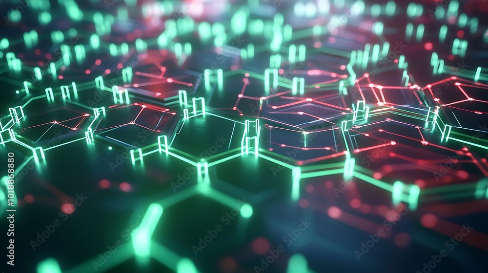 Aufkleber Abstract digital network with glowing lines and points forming a honeycomb pattern in red and green.