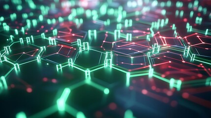 Abstract digital network with glowing lines and points forming a honeycomb pattern in red and green.