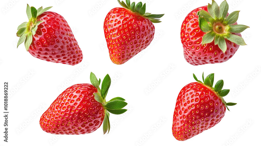 Poster strawberries falling in clear set on white background generative ai