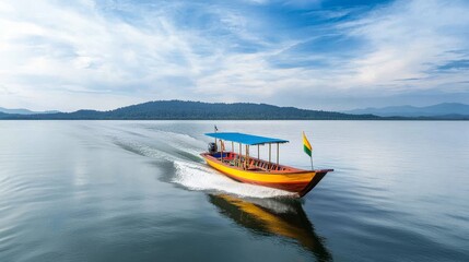 Fototapeta premium Colorful Boat Gliding Through Calm Waters at Sunset
