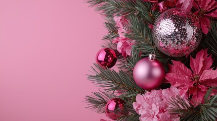 A vibrant Christmas arrangement featuring pink ornaments and floral accents on a festive backdrop.