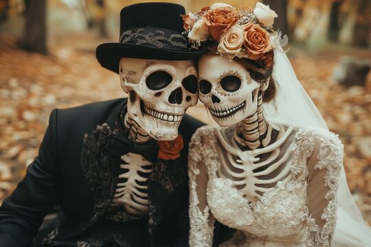 A beautifully cinematic Halloween-themed scene of a skeleton bride and groom
