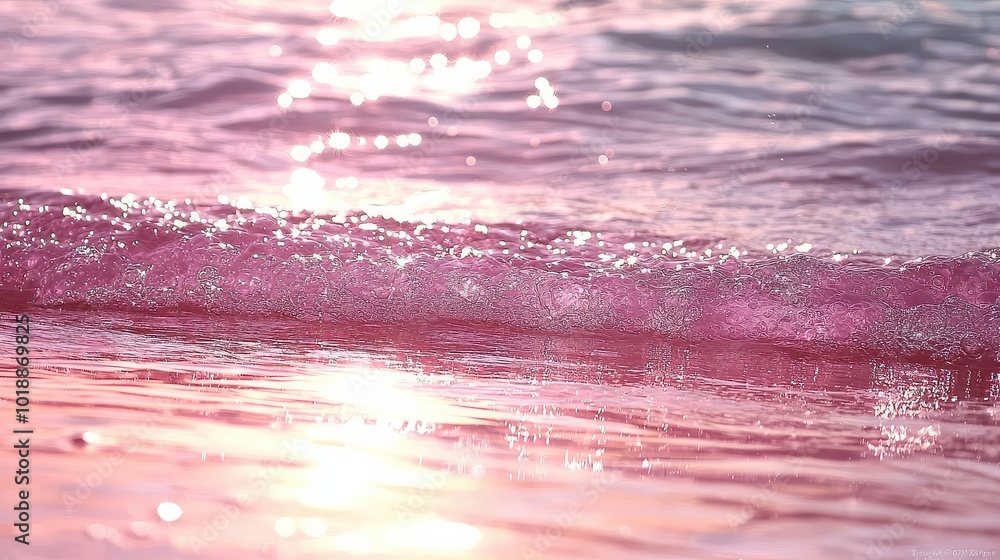 Poster a soft pink glow reflects off gentle ocean waves, creating a serene and tranquil atmosphere.