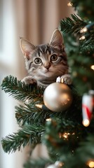 Adorable kitty climbed onto decorated festive Christmas tree. Playful curious kitten sits comfortably among branches and glowing garland lights. Holiday mischief and joy. Banner for vertical wallpaper