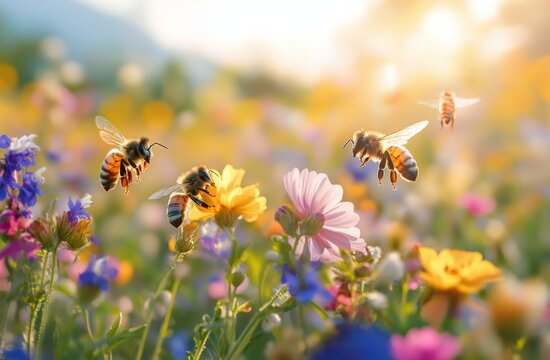 Bees pollinating colorful flowers in a vibrant summer meadow at sunset