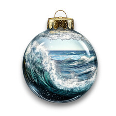 Christmas glass bauble with an ocean inside, clipart on transparent background