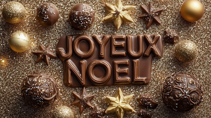 Chocolate french letters text "Joyeux Noel" made of milk chocolate on golden background with chkolate stars and balls. Christmas greeting card. 
