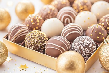 Close up of chocolate balls in the golden gift box   and christmas golden balls  on the table. 