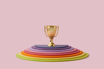Scene for first place trophy and ceremony on pink background
