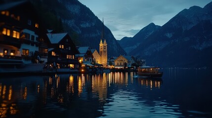 Fototapeta premium A serene twilight scene of a lakeside village surrounded by mountains, with illuminated buildings reflecting on the calm water.