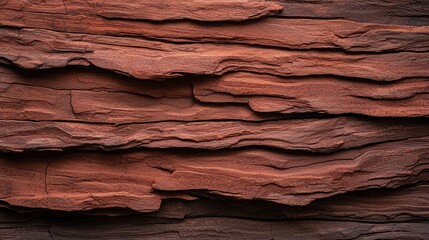 A close-up view of textured, layered wood bark in warm reddish tones, showcasing natural patterns and rustic charm.