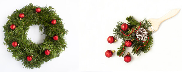 Christmas wreath, paintbrush with red bead and spruce branch on the light background. Top view. Copy space.