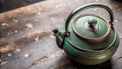 Yellow (green) ceramic teapot on stone table, scattered tea leaves and flower petals on surface, free copy space
