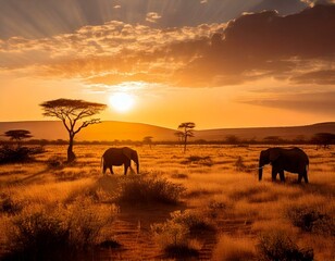 Fototapeta premium Elephants in a Savannah landscape at sunset.