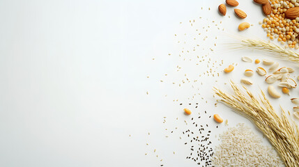 Minimalistic Wallpaper Design Featuring an Organic Display of Diverse Seeds on a White Backdrop