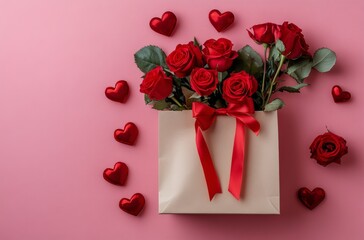 A romantic gift box adorned with red roses and hearts for a special occasion
