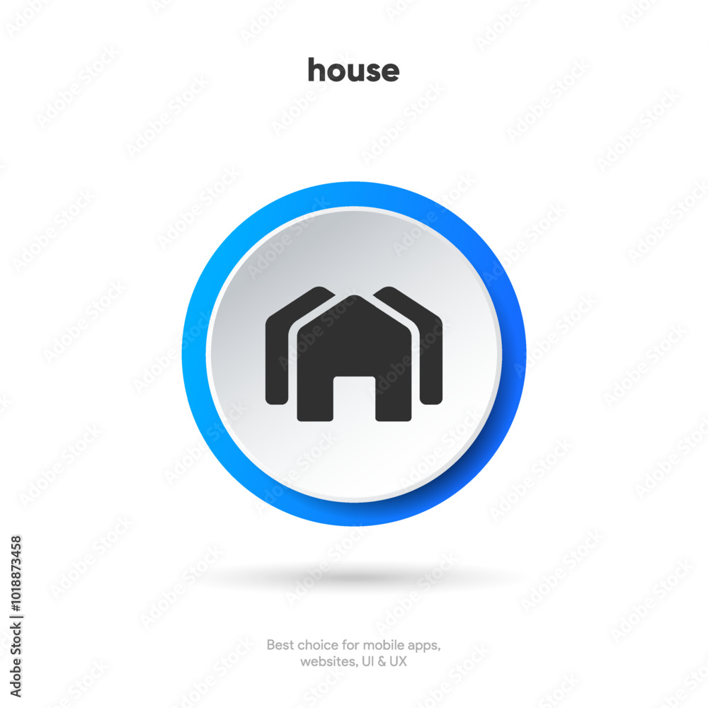 Poster minimal modern home, homepage, base, main page, house push button icon emblem symbol, sign. 3d blue 