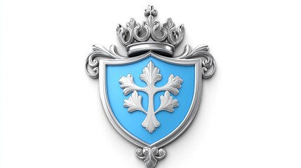 Fototapeta premium A majestic blue shield adorned with silver and crowned, representing noble heritage against a pristine backdrop