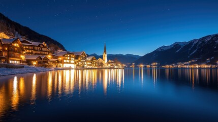 Obraz premium A serene night view of a lakeside village, with illuminated buildings reflecting on the calm water, surrounded by mountains under a twilight sky.