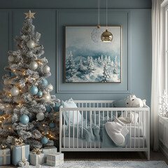 A cozy nursery featuring beautifully decorated Christmas tree adorned with baby safe ornaments, soft crib, and serene winter themed artwork. room exudes warmth and holiday spirit