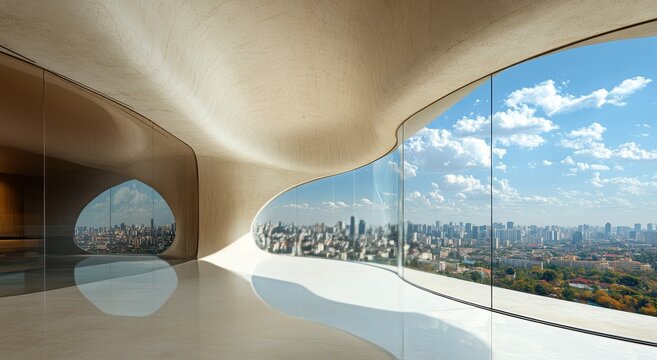 Fototapeta Stunning cityscape view from modern building showcasing nature and urban skyline on sunny day