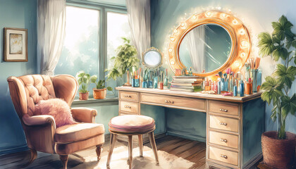 Obraz premium A cozy artist’s workspace with a window, paints, and brushes basks in soft light