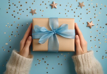 Hands holding a beautifully wrapped gift on a blue background with decorative stars