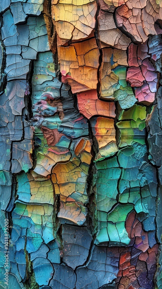 Poster close-up of a vibrant tree trunk showcasing an array of textured colors in nature's artwork