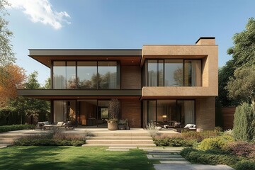 Fototapeta premium modern house design featuring a bold refined facade warm color palette and meticulous attention to detail surrounded by a landscaped garden symbolizing contemporary living