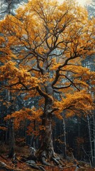 Fototapeta premium A majestic tree with golden fall foliage in a tranquil forest setting